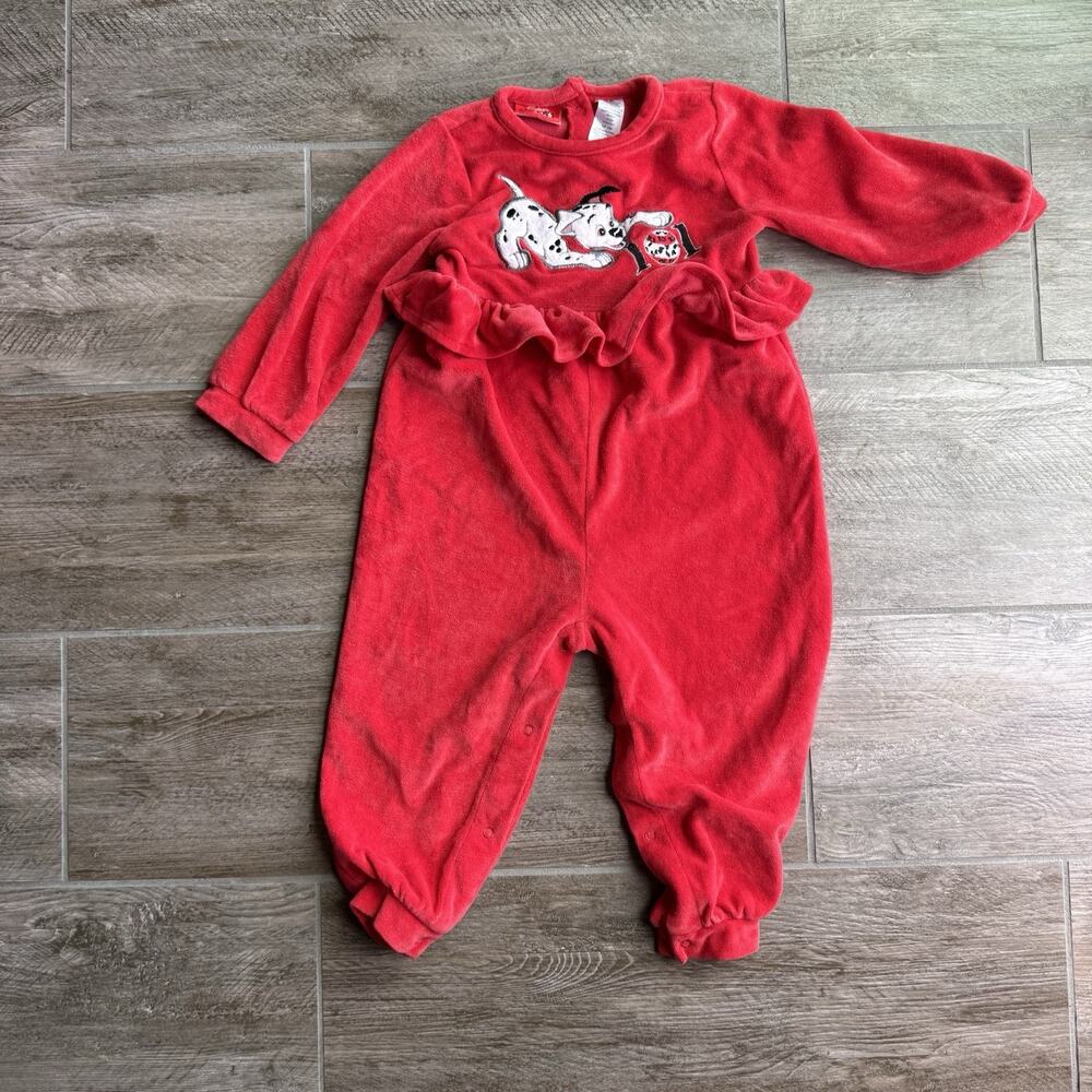 Vtg 90s Disney 101 Dalmatians Velour Romper Kahn Lucas Red Ruffle Rare Size 24M